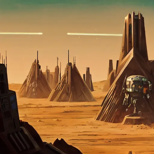 Prompt: Tall black Spire Military base with Laser Turrets shooting, Sand Dunes, Desert Planet, War, Star Wars, Warhammer 40k, Retro Futurism, Art Deco, Simon Stålenhag