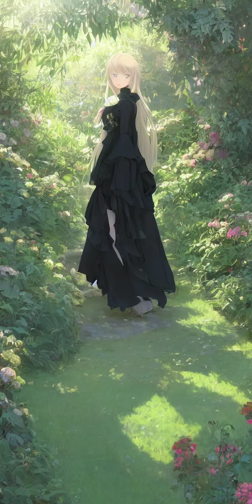 Image similar to a digital art of a loli with long hair in black dress in the privet garden at after noon, green and warm theme, back lighting, by krenz cushart and mucha and akihito yoshida and greg rutkowski and makoto shinkai, extremely long shot, detailed eyes, 4 k resolution, trending on art station