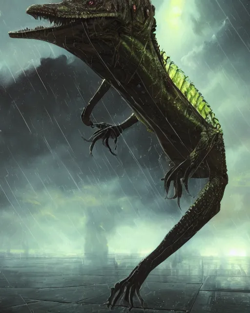 Prompt: oil painting of sci-fi Lizardman in thunderstorm, holding sci-fi rifle, wearing sci-fi armor, sharp focus, heroic pose, fantasy style, octane render, volumetric lighting, 8k high definition, by greg rutkowski, highly detailed, trending on art Station, magic the gathering artwork, Spaceship hallway background, centered, horror, sci-fi artwork, mass effect artwork, demonic