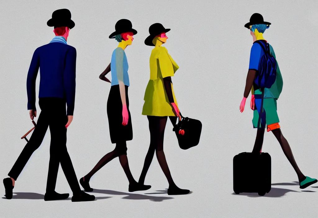 Image similar to full body portrait of a duo of european tourists travel apparel, various poses walking and carrying luggage, character designs painting, in the style of wes anderson, rene magritte, lola dupre, david hockney, isolated on white background, dark monochrome neon spraypaint accents octane render with geometry