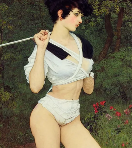 Image similar to lineart of a woman with black hair pixie cut in shorts with suspenders and white t-shirt drawn by anime, Alexandre Cabanel, norman rockwell, peter paul rubens, maler collier, frank frazetta, alphonse mucha, gustav klimt 4k, unreal 5, DAZ, french noveau, trending on artstation, octane render, hyperrealistic