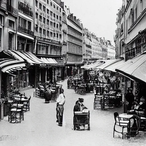 Prompt: une rue de paris vide avec des voitures garees, un restaurant avec une terrasse, des boutiques avec des neons, en debut de matinee en 1 8 5 0