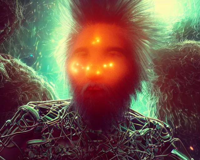 Image similar to realistic textured magnetosphere, beautiful hairy humanoids, love, joy, complex cybernetic beings, glowing hair, vortexes, large array, ornate hair, cinematic light shadows, wet hdr refractions, insanely detailed rendering, cybernetic civilizations, 8 k, * * * * *