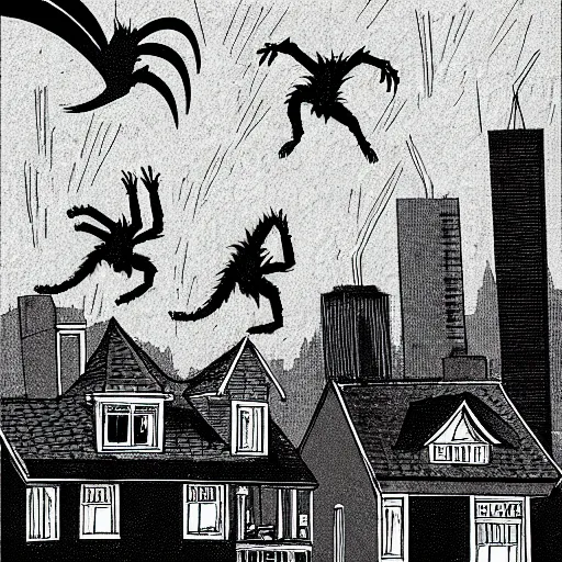 Image similar to A pack of Garou werewolves chase a giant spider across the rooftops of Burnaby. by Ron Spencer.