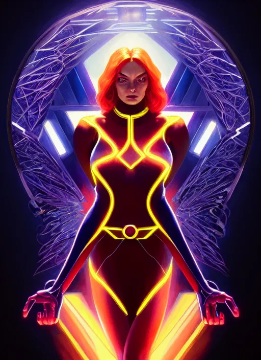 Image similar to symmetry portrait of the dark phoenix from x - men, glowing lights, intricate, elegant, highly detailed, digital painting, artstation, concept art, smooth, sharp focus, illustration, art by artgerm and greg rutkowski and alphonse mucha