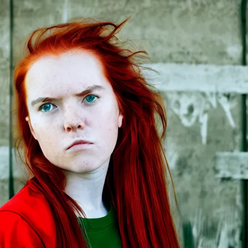 Prompt: portrait of an attractive tomboy girl with long crimson red hair and red eyes wearing a brown open jacket and green jeans with a stern look, album art, boards of canada