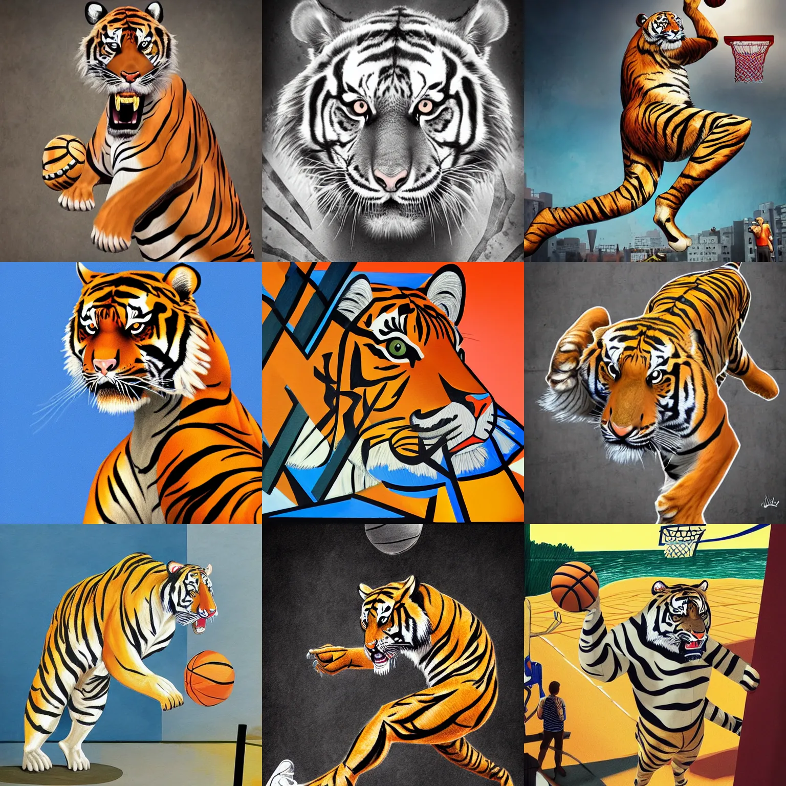 Prompt: a photorealistic picture of a tiger dunking a basketball in style of Pablo Picasso comic book illustration Trending on Artstation, featured on Behance, well-rendered, fine detail, extra crisp image, Unreal Engine, 4K HD