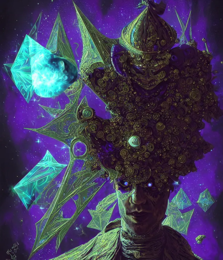 Image similar to front!!! shot of a court jester!!! character, mesmerizing fractal hypercubes, dark holography!!!, future, metallic nebula, crystalline edges, polygonal, elegant, highly detailed, centered, (((artstation, concept art, jagged, sharp focus, artgerm, Tomasz Alen Kopera, Peter Mohrbacher, donato giancola, Joseph Christian Leyendecker, WLOP, Boris Vallejo))), ((raytracing)), mugshot!!!!!, ugly!!!!!!, octane render, nvidia raytracing demo, octane render, nvidia raytracing demo, octane render, nvidia raytracing demo, 8K