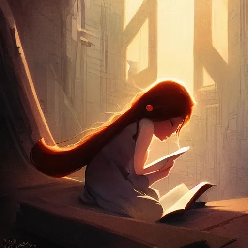 Image similar to a pixar girl reading a book, long hair flowing down, symmetrical, style of by Jordan Grimmer and greg rutkowski, crisp lines and color,