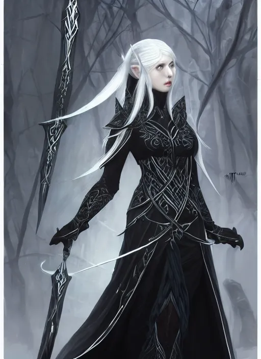 Prompt: A concept art of a beautiful elven female mage in black and gray intricate robe, illusion magic, white and black hair. In style of Hyung-tae Kim, Greg Rutkowski and Larry Elmore, concept art, trending on ArtStation, Korean MMORPG, over-detailed art, 8K, epic, dynamic lightning, dynamic pose, half body portrait.