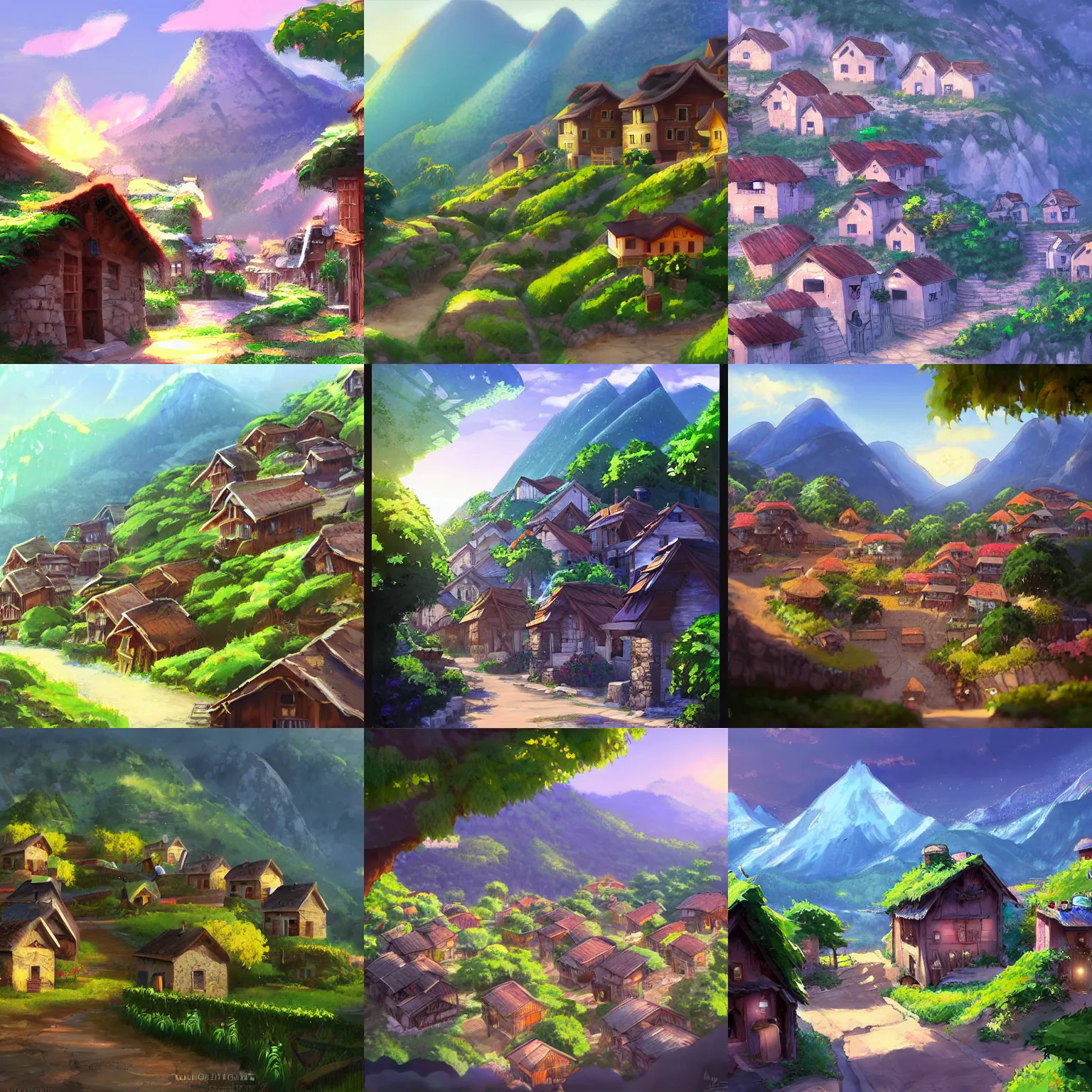 Prompt: concept art painting of a mountain village with houses made of gemstones, vines, by makoto shinkai