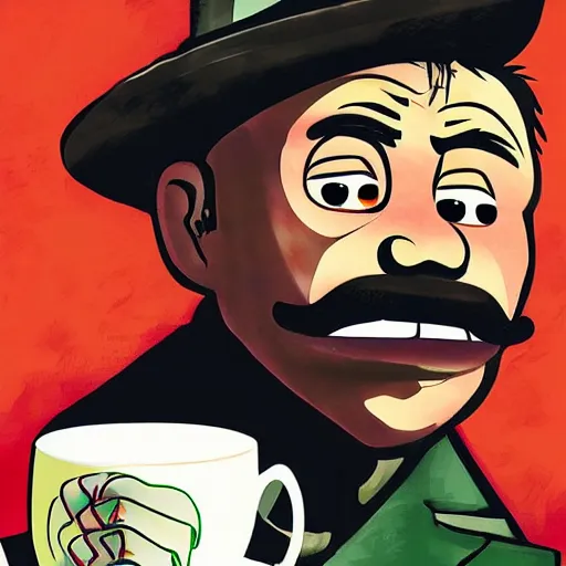 Prompt: gorillaz art depicting pancho villa in a giant cup of tea