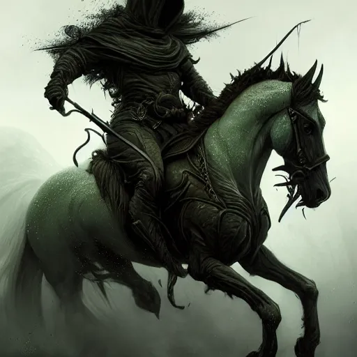 Image similar to concept art by artgerm, pestilence of the four horsemen of the apocalypse, soft green natural light, intricate, hooded death riding a horse, highly detailed dark art, digital painting, artstation, concept art, smooth, sharp focus, illustration, art by greg rutkowski and luis rollo and uang guangjian and gil elvgren, symmetry!