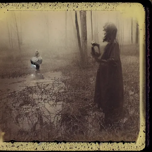 Image similar to creepy lovecraftian monster in swamp, 1910 Polaroid photo