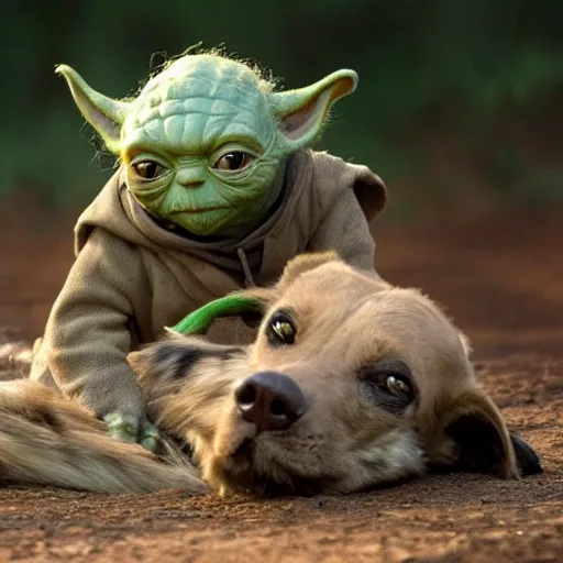 Image similar to National Geographic photo of yoda being eaten by African hunting dogs