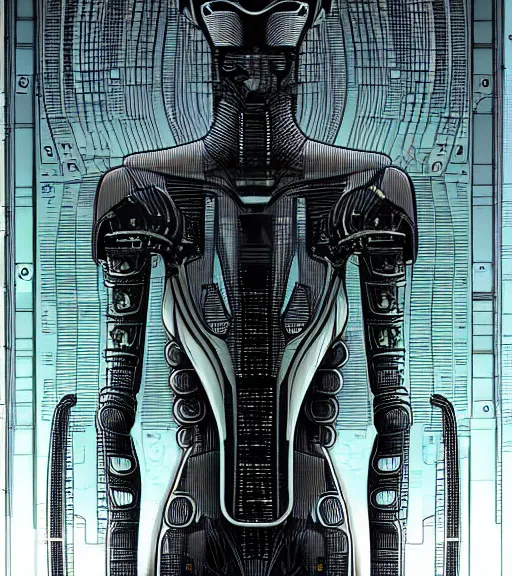 Image similar to portrait bender from futurama in futuristic city, by tsutomu nihei, by h. r. giger