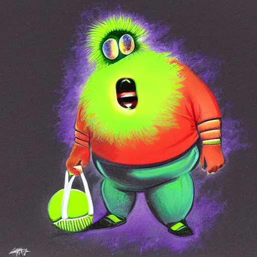 Image similar to a Andy Milonakis tennis ball monster, tennis ball, lightning, chalk, digital art, fantasy, magic, trending on artstation, ultra detailed, professional illustration by Basil Gogos