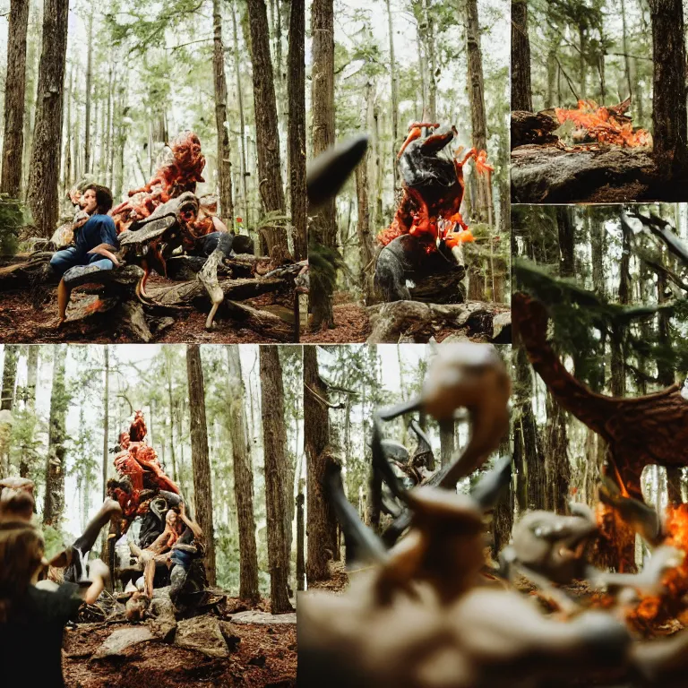 Image similar to 8 5 mm f 1. 8 lit edges, photo, hyper detailed, neanderthal people, first contact with aliens!, eating sushi, surrounded by dinosaurs!, gigantic forest trees, sitting on rocks, bonfire, zoom on alien face, michael jackson moon dance, ice! cream! truck!