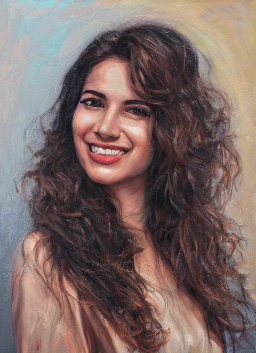 Image similar to beautiful portrait face centre oil on canvas of brunette with wavy hair, big mouth, smiling, Ebru Şahin, Reyyan, looks like Sabrina Ouazani , intricate, elegant, highly detailed, artstation, concept art, sharp focus, art by Alina Ivanchenko, Rob Ross, WLUP, artgerm