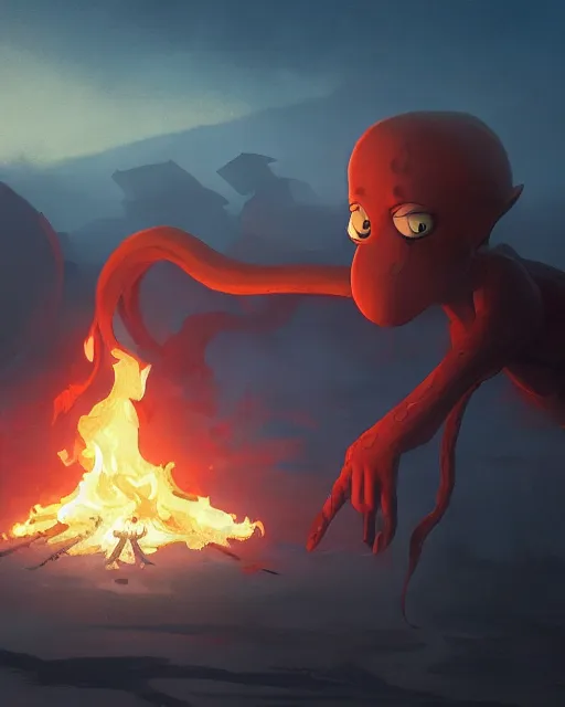 Image similar to squidward with four legs wearing fire nation clothing and practicing firebending outside at susnset, [ greg rutkowski ]