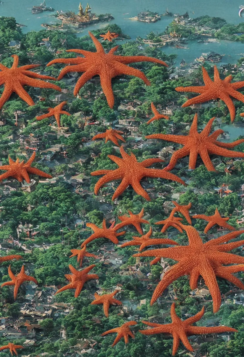 Image similar to a goryeo budhist icon of ONE giant Kaiju Starfish Monster over a traditional village, minimal cinematography by Akira Kurosawa, hyperrealistic movie filmstill