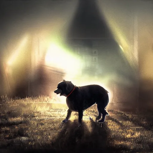 Image similar to cinematic portrait of strange kazakh drugged dog, concept art, glowing light