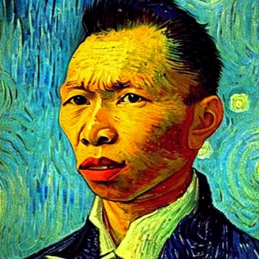 Image similar to pol pot in van gogh painting, 4 k, hyper realistic, dslr, high resolution, landscape, beautiful