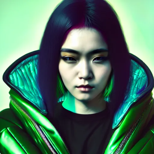 Prompt: young Asian Cyberpunk woman with green hair, Close up portrait, wearing a leather jacket, hyperdetailed, artstation, cgsociety, 8k, city background