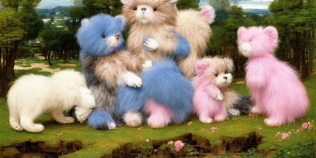 Prompt: 3 d precious moments plush animal with realistic fur and a blue / white / gray / green / pink / tan / mid pink / blue gray color scheme, landscape, master painter and art style of john william waterhouse and caspar david friedrich and philipp otto runge