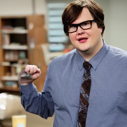 Prompt: clark duke pretending to be dwight schrute