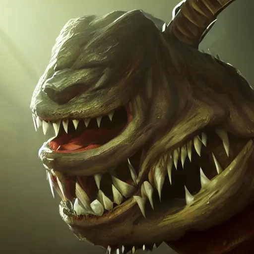 Prompt: monster with a very toothy smile, 8 k, shallow depth of field, moody lighting, ultra high detail, concept art,