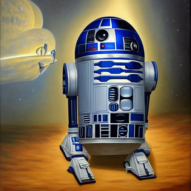 Prompt: an oil on canvas portrait painting of r 2 d 2, surrealism, surrealist, cosmic horror, rob gonsalves, high detail