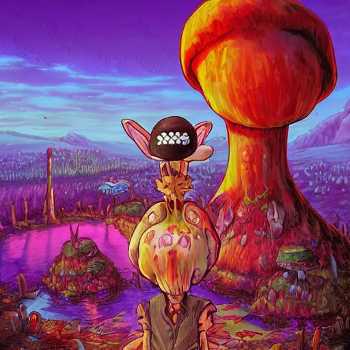 Image similar to 4 k headshot portrait of a psychedelic demonic anthropomorphic bunny rabbit with mushroom themed clothes, magic mushroom village in background by jeff easley, award winning, stylized neon, post - processing, masterpiece, superb resolution. in the art style of junji ito and greg rutkowski. detailed mushroom city in background. hyper realistic anime. perfect art. dalle 2