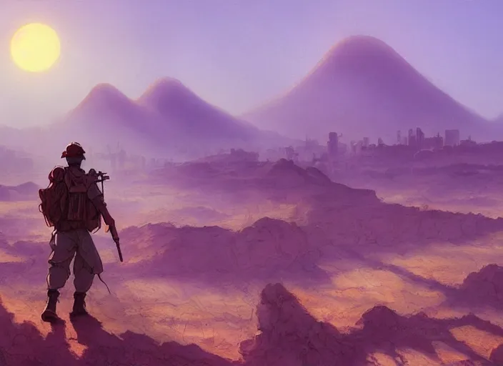 Image similar to matte painting, background studio ghibli, soldier roaming through desert with city in the skyline, two suns, purple orange colors, sharp focus, illustration, highly detailed, digital painting, concept art, matte, art by wlop and artgerm and greg rutkowski, masterpiece