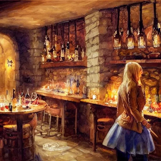 Image similar to hot blonde in a wine cellar, food, pork, beer, schnapps, rustic, traditional, torches on the wall, watercolor by vladimir volegov, highly detailed, masterpiece