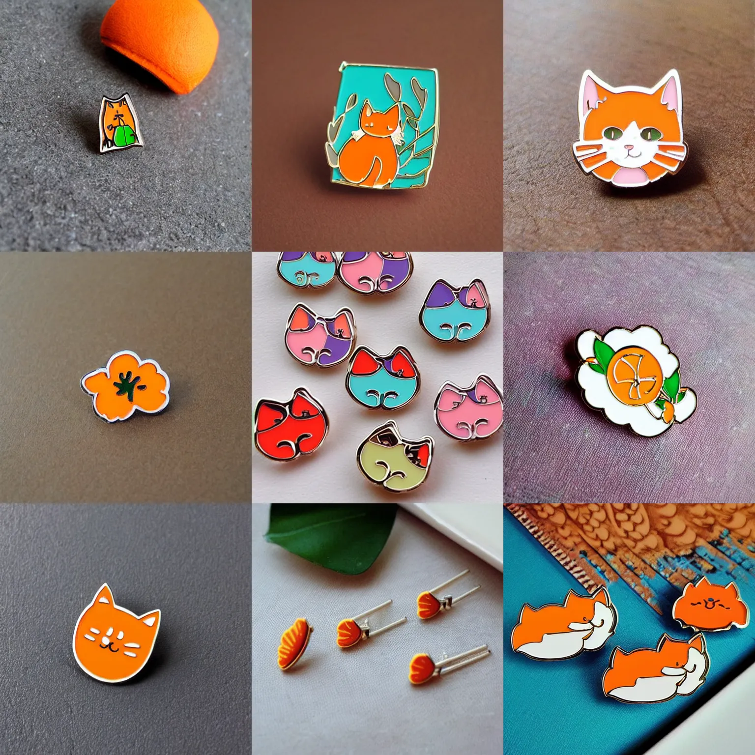 Prompt: “cat orange blossom, beautiful minimalistic colorful enamel pin product image etsy, cute kawaii accessory”