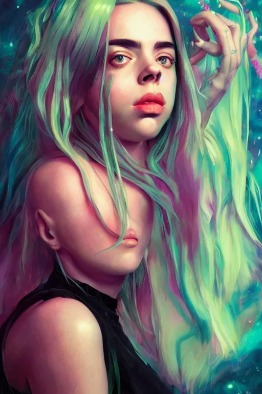 Prompt: billie eilish happy portrait of a vaporwave girl in a cluttered 9 0 s bedroom, by artgerm, tom bagshaw, gerald brom, vaporwave!, vaporwave colors!, lo fi colors, lo fi, 4 k, hd,