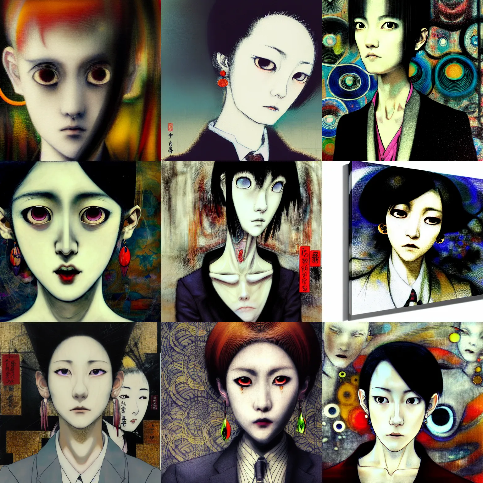 Prompt: yoshitaka amano blurred and dreamy realistic three quarter angle portrait of a sinister young woman with short hair, big earrings and white eyes wearing office suit with tie, junji ito abstract patterns in the background, satoshi kon anime, noisy film grain effect, highly detailed, renaissance oil painting, weird portrait angle, blurred lost edges