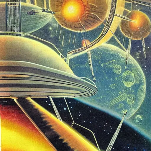 Image similar to megastructure floating in space, highly detailed 1 9 7 0 s scifi art