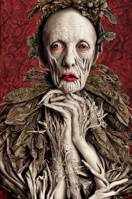 Image similar to Detailed maximalist portrait of a beautiful old woman with large lips and eyes, scared expression, botanical skeletal with extra flesh, HD mixed media, 3D collage, highly detailed and intricate, surreal illustration in the style of Caravaggio, dark art, baroque, centred in image