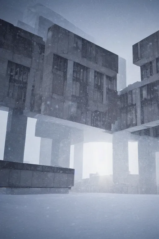 Image similar to brutalist architecture, hyperrealistic rendering, 4 k, tyndall effect, snow day