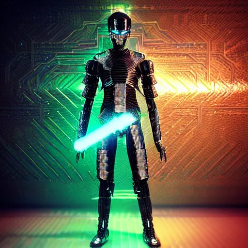 Image similar to “Powerful dark sleek humanoid being wearing iridescent shimmering cosmic gothic ninja armor made of circuit boards (Epic scene, rich atmosphere, octane render, full body portrait)”