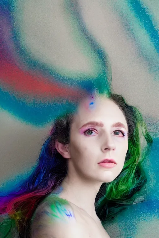 Image similar to an esoteric woman, blending into chromatography with a beautiful face!!! isolated, studio lighting