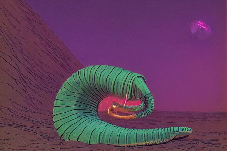 Prompt: angry, screaming nautilus sandworm, made of neon light volumetric lighting, by caspar david friedrich and wayne barlowe and ted nasmith