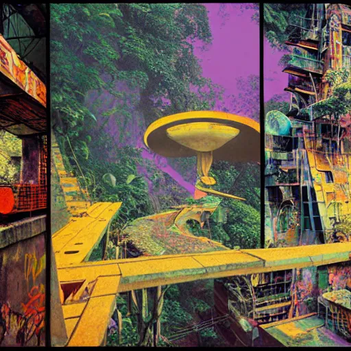Image similar to breakfast at las pozas, graffiti by moebius, break of dawn on jupiter, cyberpunk, futuristic, 1 9 7 0 cut out collage, technilogy, high detail, golden light, realistic