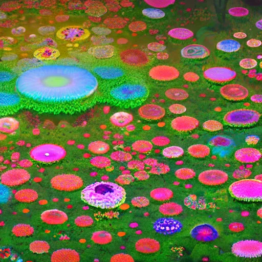 Image similar to Floral psychedelic apocalypse caused by the crashing of the Murakami flower meteor in the peaceful village of mushrooms, unreal engine 5 render, art by Takashi Murakami, Meteor made out of Murakami flowers, tiny mushroom village