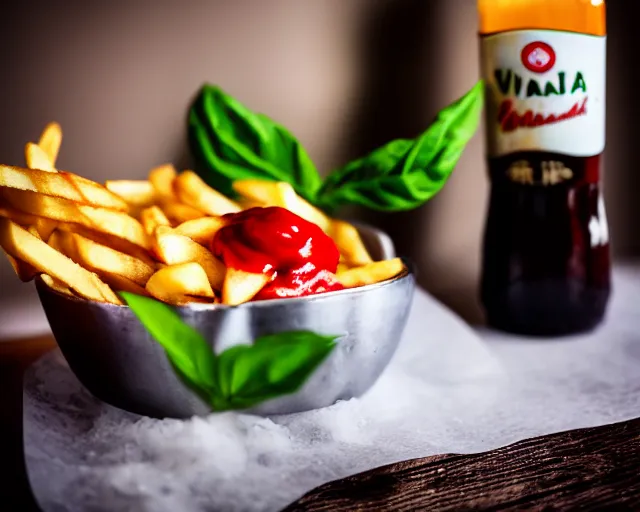 Image similar to dslr food photograph of vanilla ice cream with ketchup on, a leaf of basil on the ice cream, french fries on the side, a bottle of ketchup, bokeh, 8 5 mm f 1. 4