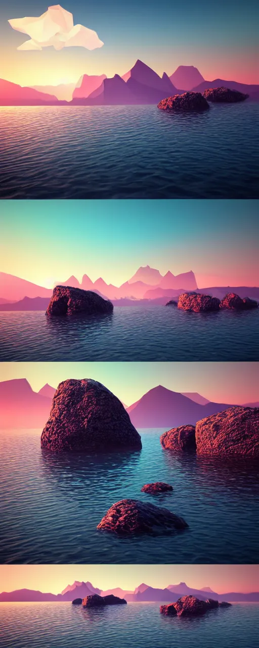 Image similar to super detailed color lowpoly art, northern sunset with rocks on front, monochrome photorealistic bay in the middle of perspective and mountains at background, big graphic ship in random point of bay, unreal engine, high contrast color palette, 3 d render, lowpoly, colorful, digital art, perspective