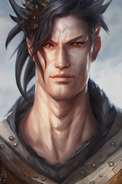 Image similar to A realistic anime portrait of a dnd male dragonborn warrior, draconian, dragon, D&D, digital painting, by Stanley Artgerm Lau, Sakimichan, WLOP and Rossdraws, digtial painting, trending on ArtStation, SFW version