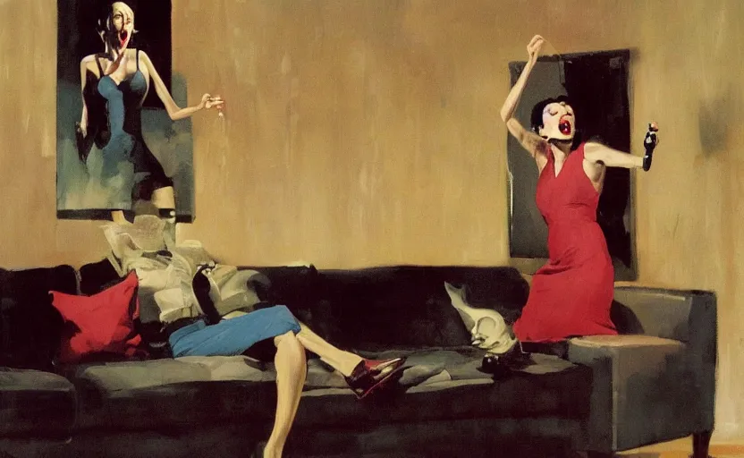 Image similar to a thin man screams at a telephone beside a sofa in a dark living room, painted by phil hale and rick berry and tom lovell and frank schoonover, highly detailed